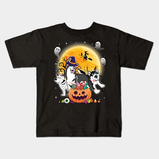 Alaskan Husky Dog Mummy Witch Moon Ghosts Happy Halloween Thanksgiving Merry Christmas Day Kids T-Shirt by joandraelliot